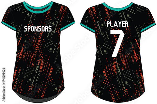 Women Sport Jersey t-shirt design flat sketch Illustration, brush stroke pattern Round neck t shirt for girl and Ladies Volleyball jersey, Football, badminton, Soccer and netball, Sport uniform kit