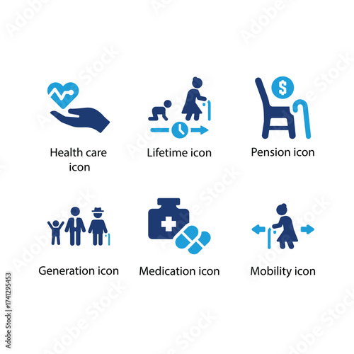 Health care, Lifetime, Pension, Generation, Medication, Mobility, Blue Icon Set
