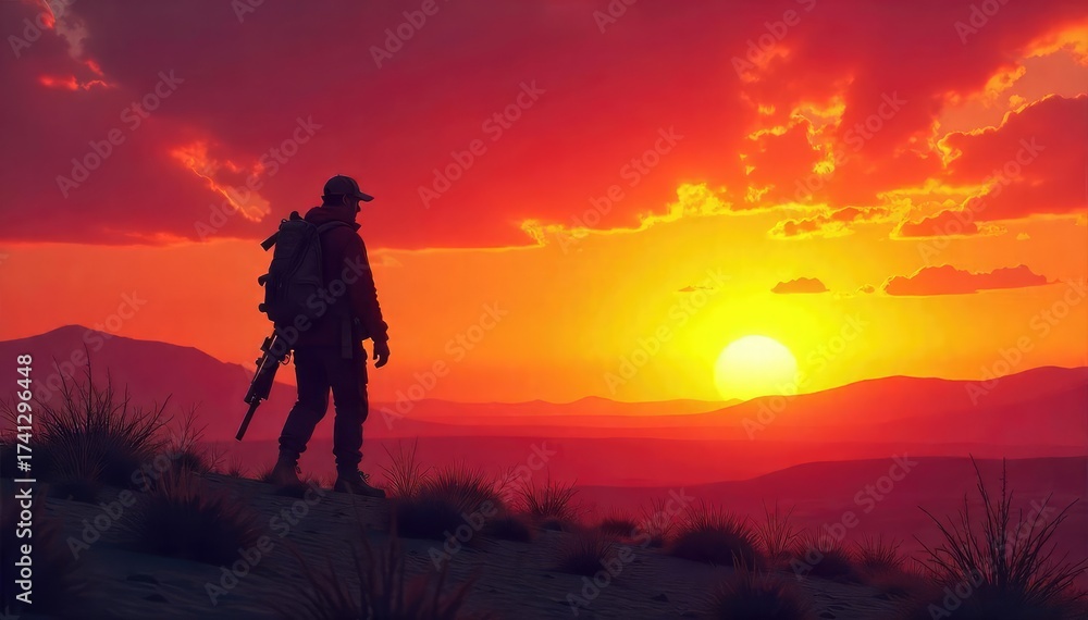 Fototapeta premium A lone figure, silhouetted against a vibrant desert sunset, carries hunting equipment The vast, arid landscape stretches to the horizon, hinting at the challenge of the hunt , peace, wild