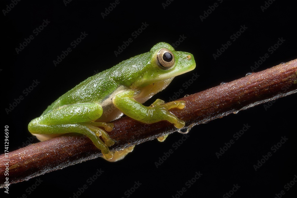 Obraz premium A vibrant green frog perched delicately on a slender branch against a stark backdrop. The image captures the essence of tranquility
