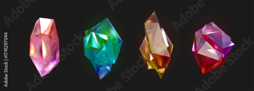 3d crystal. Diamond stone shape, color jewel pattern texture or pink glass quartz Cristal emerald. Shine space mineral. Precious gemstones, shining treasures. Vector isolated realistic set
