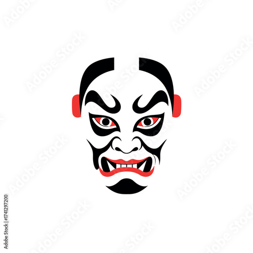 Intense Japanese Kabuki mask with striking facial features and bold colors.
