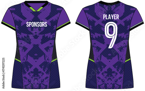 Women Sports Jersey t-shirt flat sketch design illustration with abstract grunge pattern suitable for girls and Ladies for Volleyball jersey, Football, Soccer and netball, Sport uniform kit for sports
