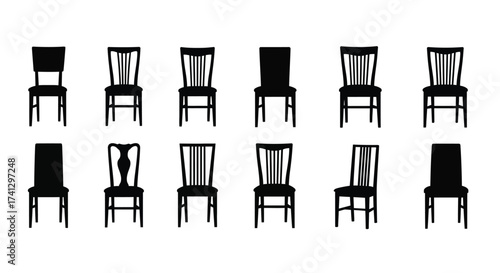 Vector art of collection of chair silhouettes showcasing various shapes and designs for dining room furniture and interior design elements