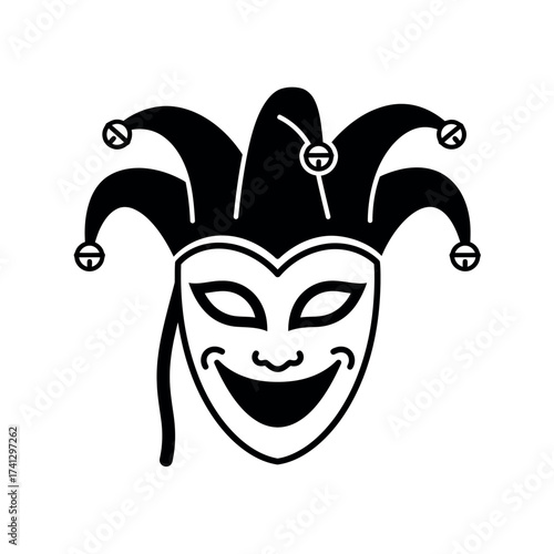 Smiling jester mask with bells and a long black tail for costume.