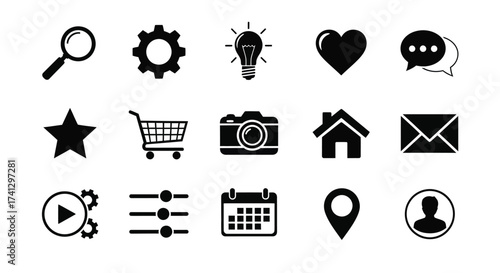 Vector art of fifteen variations of essential user interface icons, representing common functions and features in digital applications and websites