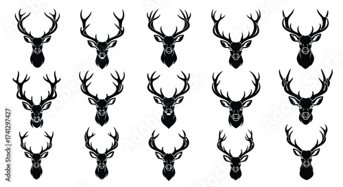 Vector art of collection of deer head silhouettes with antlers set of various deer head icons, symbols, and design elements for hunting, wildlife, and nature themes