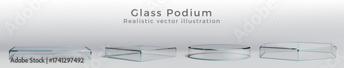 3d glass platform. Clear podium, ice pedestal or crystal product box, realistic transparent background. Light shape, empty glossy stage. Exhibition presentation. Vector mockup isolated elements