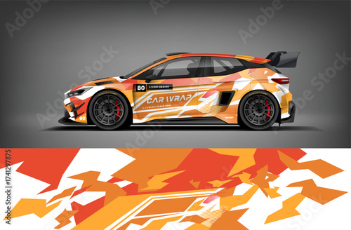 Editable vector EPS car wrap featuring orange and white abstract camo style. Clean and aggressive motorsport livery ideal for rally, drift, and race competition.