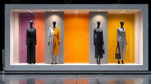 A modern retail window display featuring four mannequins dressed in stylish outfits, showcasing a mix of colors and textures against vibrant backgrounds