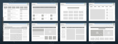 Web site layout. News homepage. Webpage frame prototype or UI kit structure. UX window page. Sitemap interface. Browser search bar or online video player. Vector design templates set