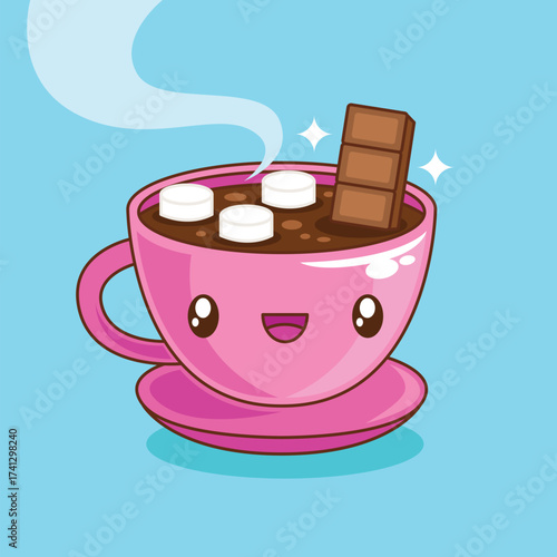 Cute kawaii hot chocolate with marshmallow cartoon illustration