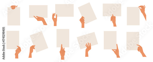 Hand hold card. Paper sign, book or document, blank letter board for woman note. Piece of empty placard sheet. Vector banner design with copy space for text, cartoon isolated illustration