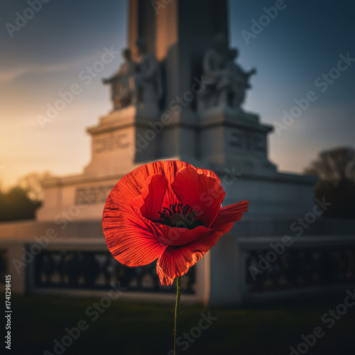 Vibrant red poppy flower in front of a war memorial at sunset for Remembrance Day observance