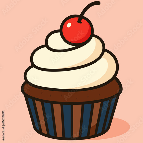 Sweet Treat Delight: A charming cupcake adorned with a luscious swirl of creamy frosting and a vibrant cherry on top, a delightful treat to tempt any sweet tooth.