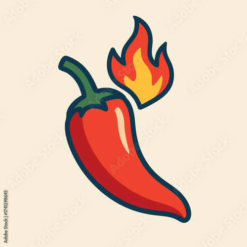 Fiery Chili: A vibrant depiction of a red chili pepper with a stylized flame above it, showcasing the spice and flavor associated with this culinary staple.