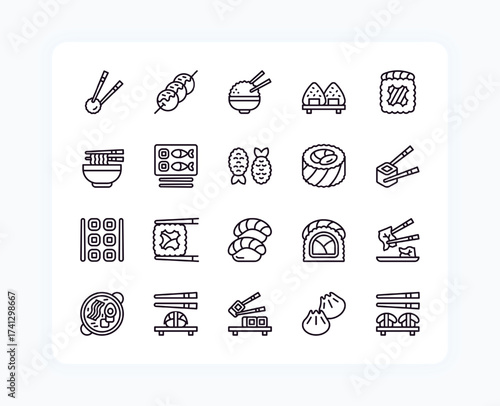 Sushi icons. Japan food cuisine. Japanese menu line symbols. Temaki and sashimi. Soy sause. Udon noodle bowl with and chopsticks. Asian fish rolls. Rice onigiri. Vector pictograms set