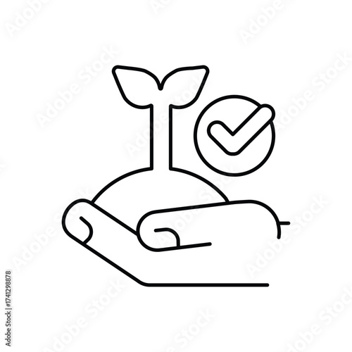 A hand holds a seedling with a checkmark nearby