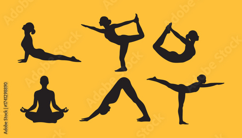 set of silhouette of a woman doing yoga vector