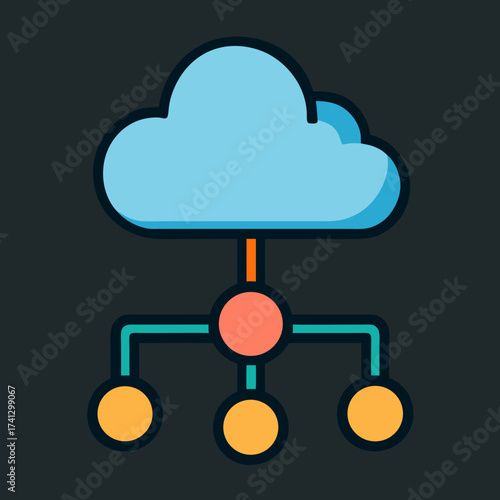 Cloud Computing: A digital illustration showcases a cloud connected to multiple nodes, symbolizing seamless connectivity and data sharing in the digital realm.