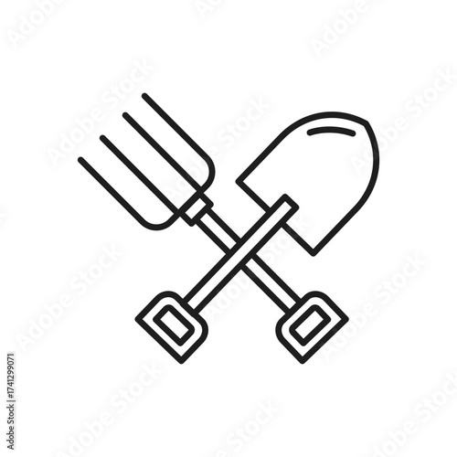 A line art illustration features a pitchfork crossing a shovel Both have square handles