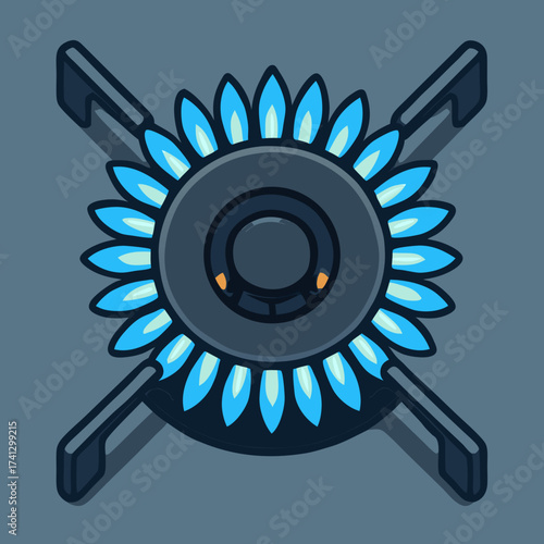 Culinary Flame: An artful representation of a gas cooktop burner, with vibrant blue flames radiating outwards, set against a simple backdrop, symbolizing the heart of a kitchen. 