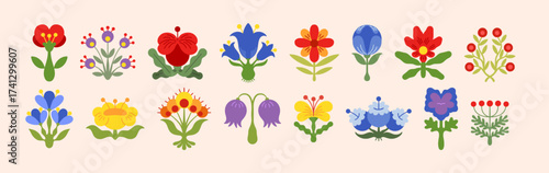 Geometric flowers. Modern nordic rose, minimal plant graphic or abstract floral scandinavian elements. Flat botanical isolated decorative stickers. Summer blossoms. Vector illustration