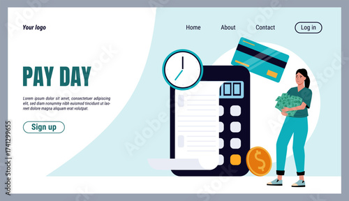 Payday landing page. Finance earning. Paycheck planner. Money counting with calculator. Payoff to employee. Girl holding dollar banknotes. Website design template. Vector background