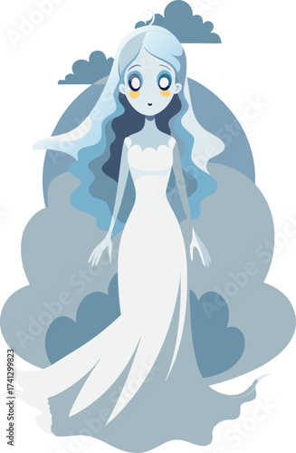ghostly bride floating in mist.