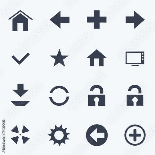 Collection of dark blue flat icons on a light grey background including house arrows plus check star screen download lock and gear