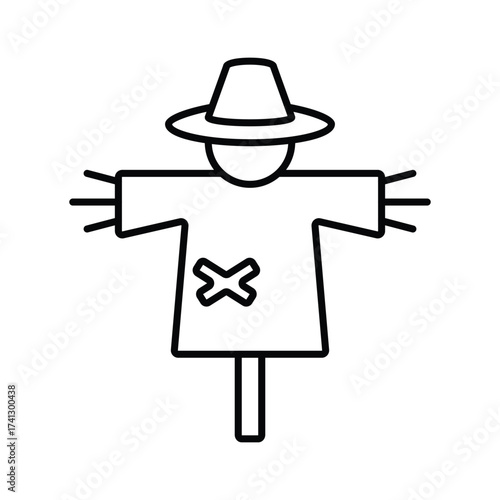 A minimalist line drawing of a scarecrow with a hat tattered sleeves and a patch on its chest set on a post