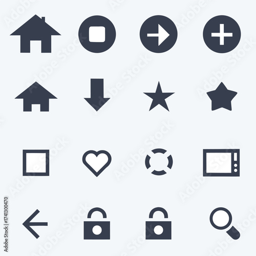 Collection of dark blue interface icons on a light gray background including house star heart lock and arrows