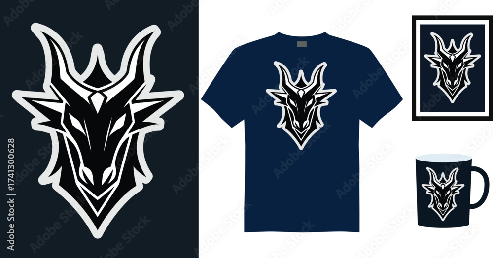 Fototapeta premium Stylized Tshirt mockup dragon head logo dark blue t shirt framed art mug vector