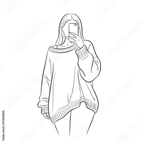 Relaxed line art of a woman taking a selfie in an oversized sweater