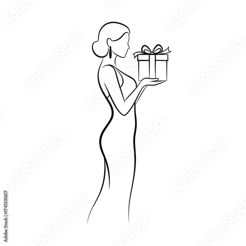 Elegant line art of a woman in an evening dress holding a gift box