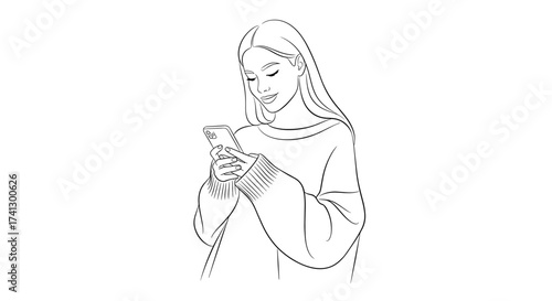 Casual line art of a woman in a large sweater using a smartphone