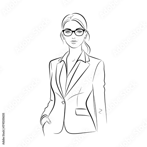 Confident line art of a businesswoman wearing glasses and a blazer
