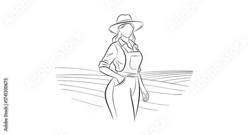 Confident line art of a female farmer standing in a field