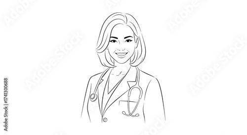 Friendly line art of a smiling female doctor in a lab coat with a stethoscope