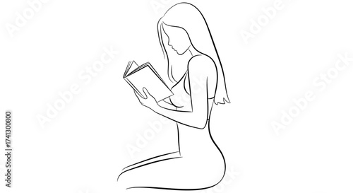 Minimalistic line art of a young woman reading a book, sitting gracefully