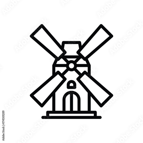 A simplified blackandwhite line drawing of a windmill with a central door and four blades