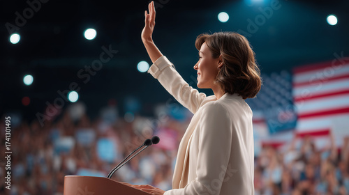 Woman waving hand while giving speech at political rally with flag  