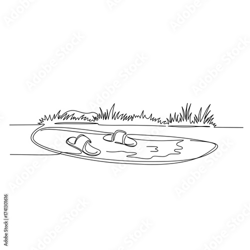 Slippers resting near a puddle on grass in a minimal outline style  
