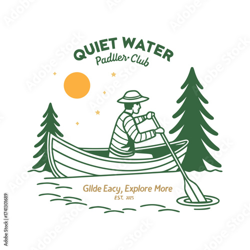 Canoe Adventure Vintage Badge Pine Trees Sun Flat Vector t-shirt design, t-shirt print, easily editable.