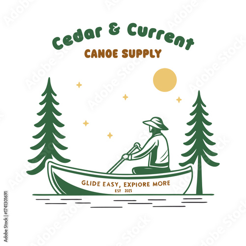 Canoe Adventure Vintage Badge Pine Trees Sun Flat Vector t-shirt design, t-shirt print, easily editable.