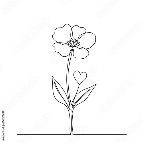 Single line drawing of a flower with heart symbolizing love  