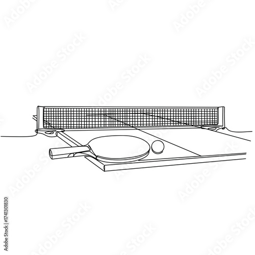 Table tennis net with paddle and ball on the court surface  
