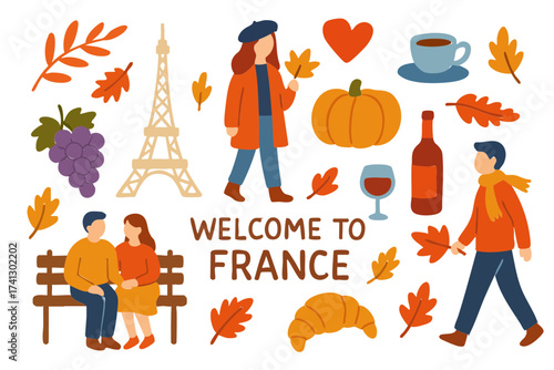 Flat Design Autumn France Culture Icon Set