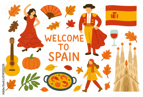 Flat Design Autumn Spain Culture Icon Set