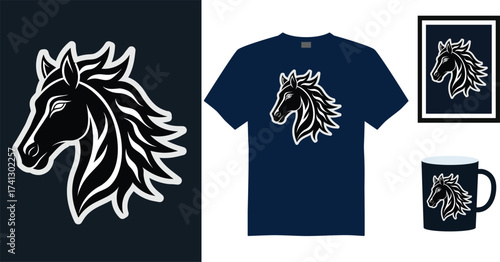 Stylized Tshirt mockup horse head graphic with flowing mane dark blue vector